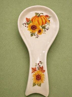 Glass Ceramic Pumpkin & Sunflower Autumn Decor 10” Spoon Rest 🎃👻🎃